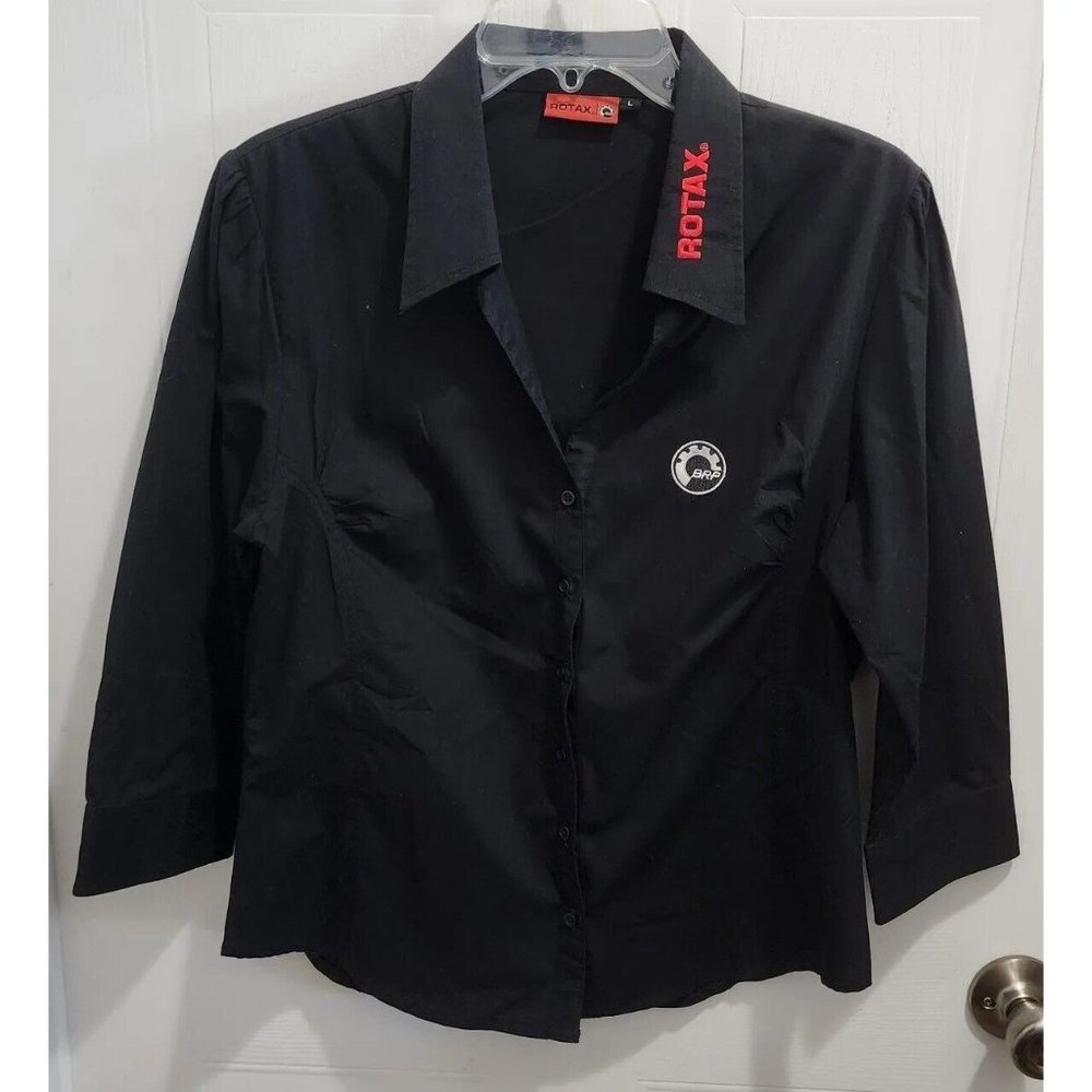 Rotax BRP Women's Black Button Down Shop Shirt‎ Collared 3/4 Sleeve Size Large